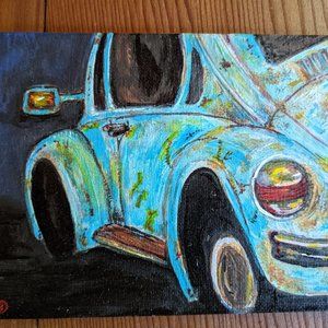 Small ORIGINAL PAINTING on Canvas 4" x 6" Vintage Volkswagen Beetle Bug